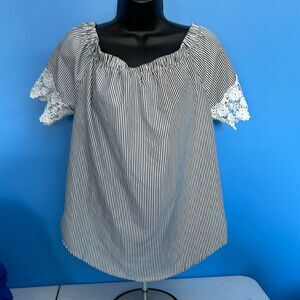 Kontrol Peasant Blouse Black/White Striped Lace Trim Size Medium Boho Top